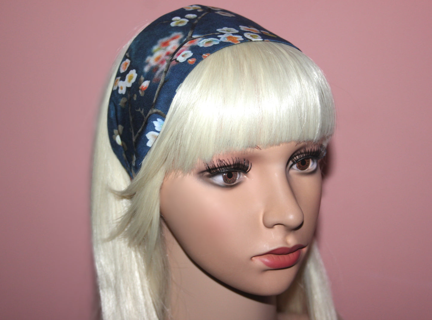 Navy blue wide headband for women Blossom hairband bandana Spring awakening viscose print head scarf