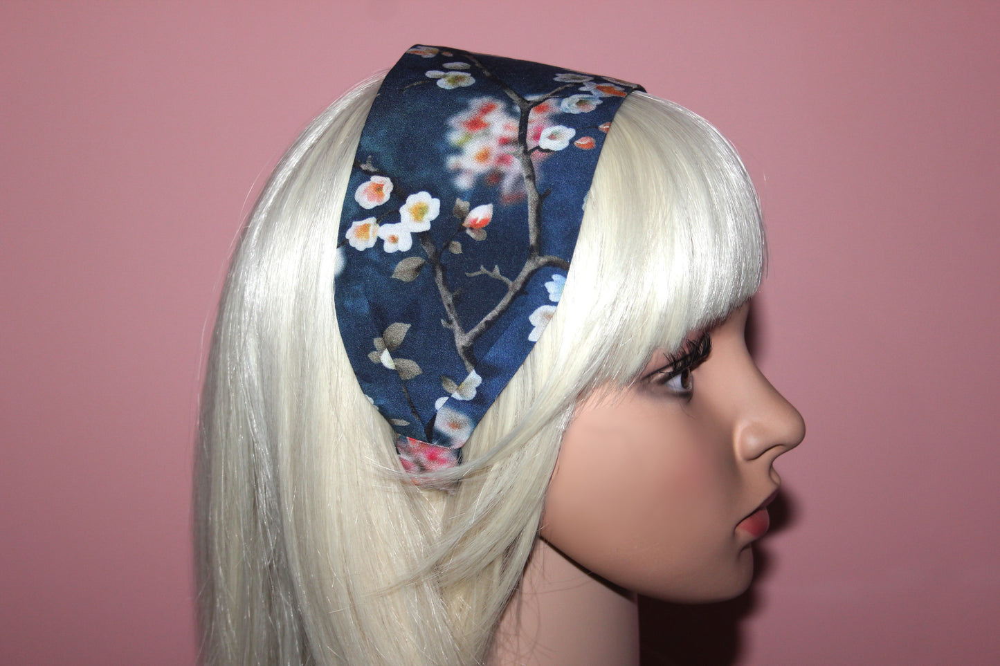 Navy blue wide headband for women Blossom hairband bandana Spring awakening viscose print head scarf