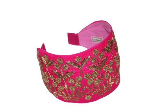 Embroidered silk hairband 3.5 inch Hot Pink & Gold Wide fashion headcover