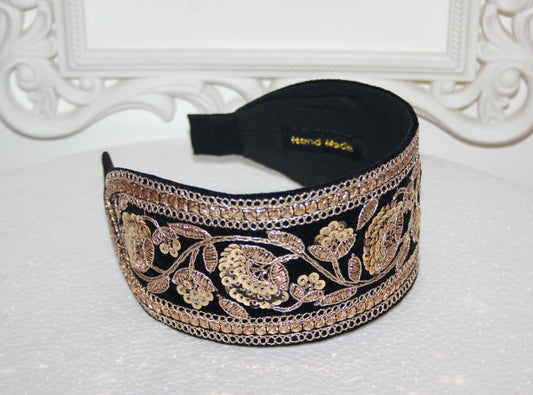 Sequin headband for women Embroidered 2.75'' inch Black & Gold velvet hairband Fashion headcover