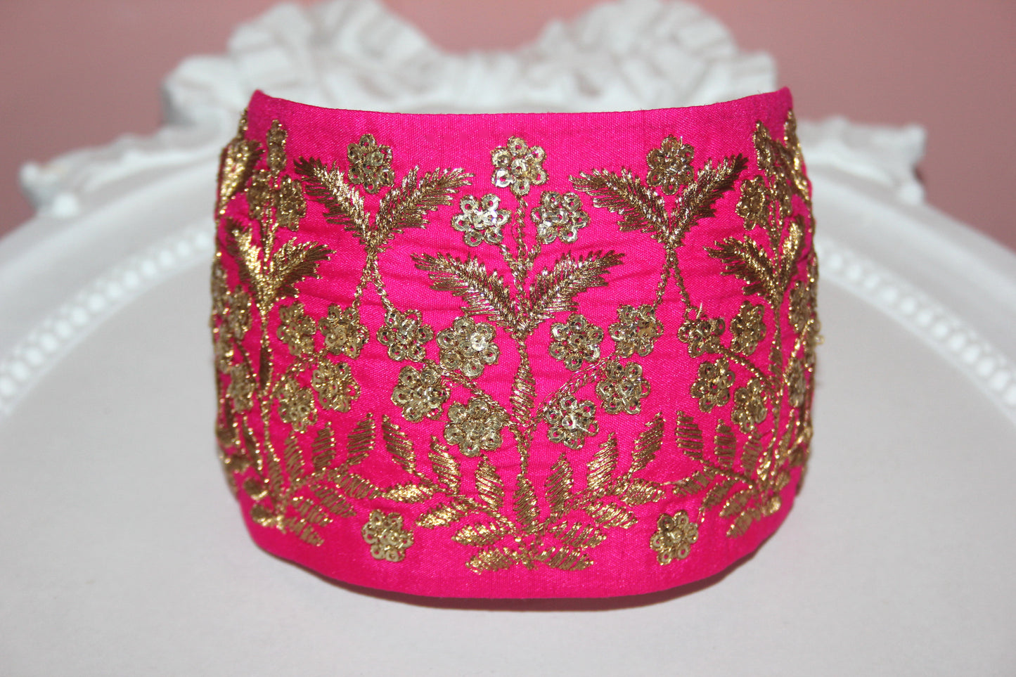 Embroidered silk hairband 3.5 inch Hot Pink & Gold Wide fashion headcover