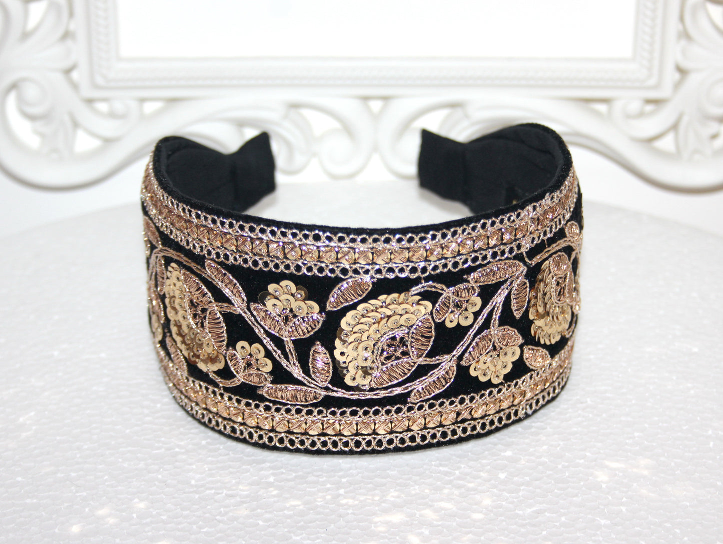 Sequin headband for women Embroidered 2.75'' inch Black & Gold velvet hairband Fashion headcover