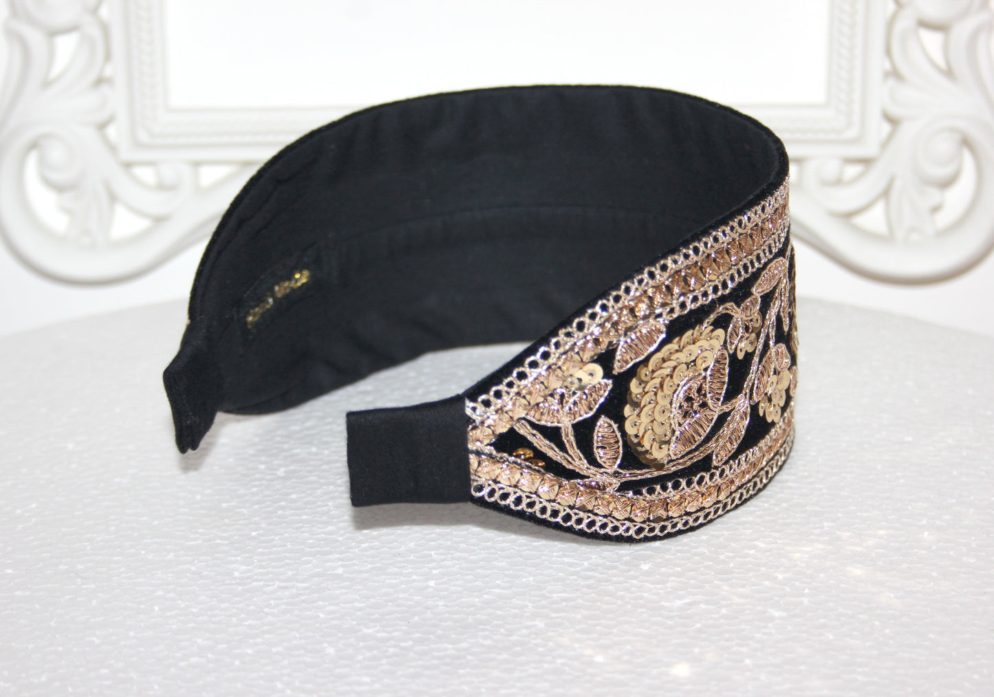 Sequin headband for women Embroidered 2.75'' inch Black & Gold velvet hairband Fashion headcover