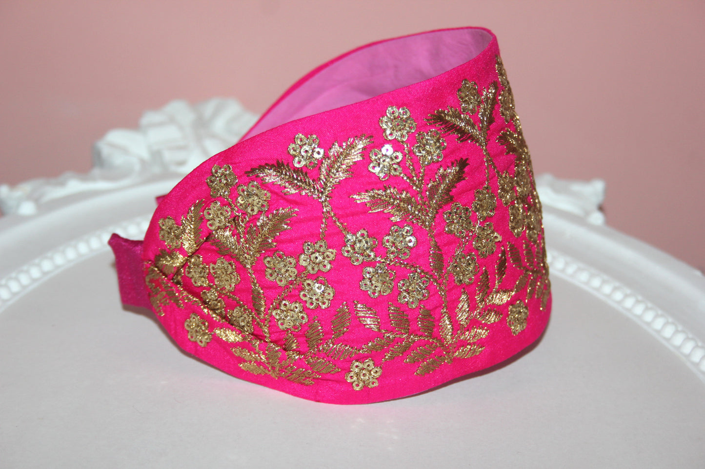 Embroidered silk hairband 3.5 inch Hot Pink & Gold Wide fashion headcover