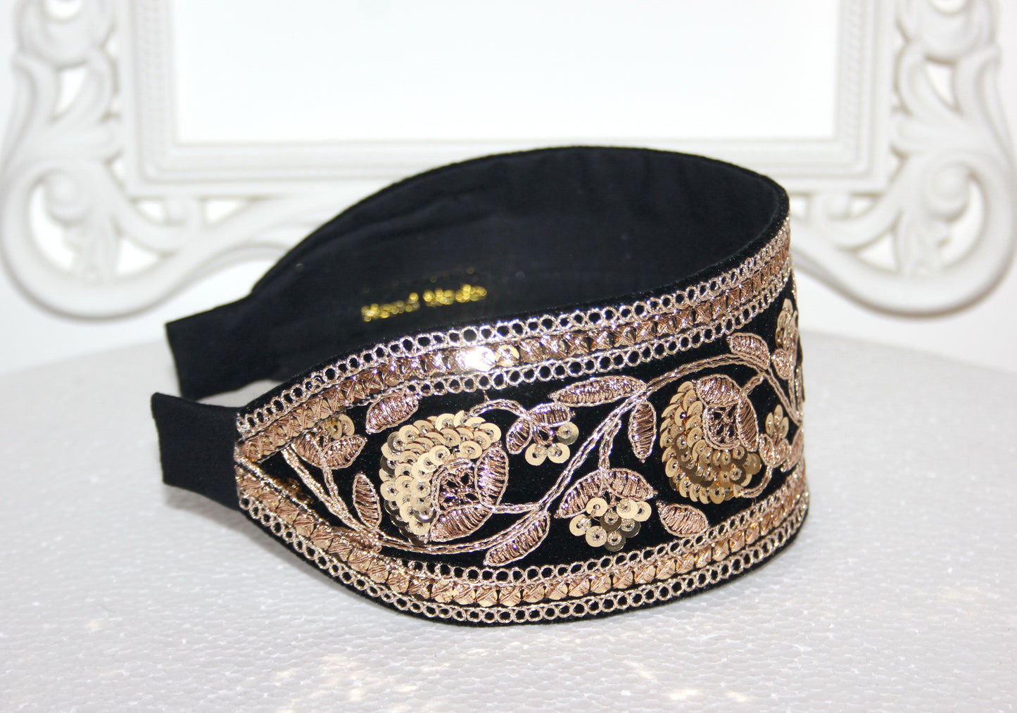 Sequin headband for women Embroidered 2.75'' inch Black & Gold velvet hairband Fashion headcover