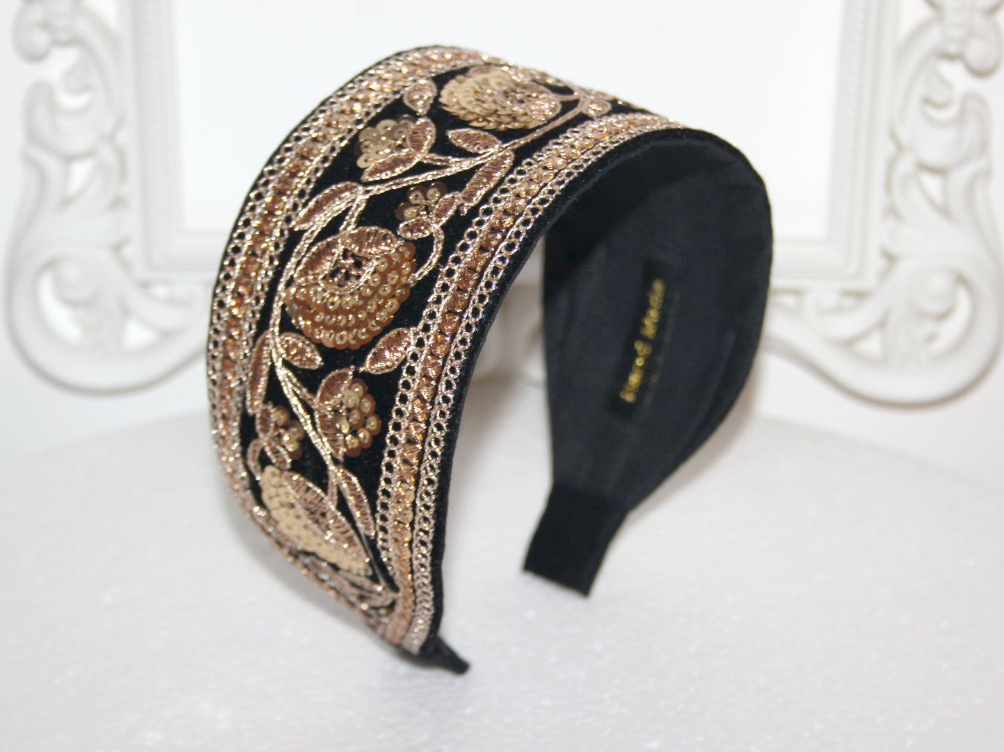 Sequin headband for women Embroidered 2.75'' inch Black & Gold velvet hairband Fashion headcover