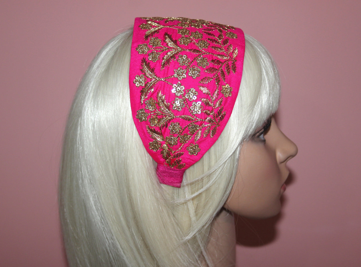 Embroidered silk hairband 3.5 inch Hot Pink & Gold Wide fashion headcover