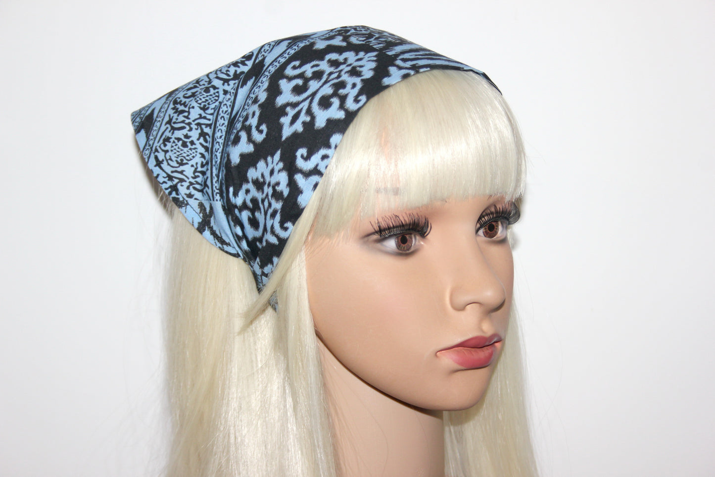 Damask head kerchief Blue & White cotton bandana headband