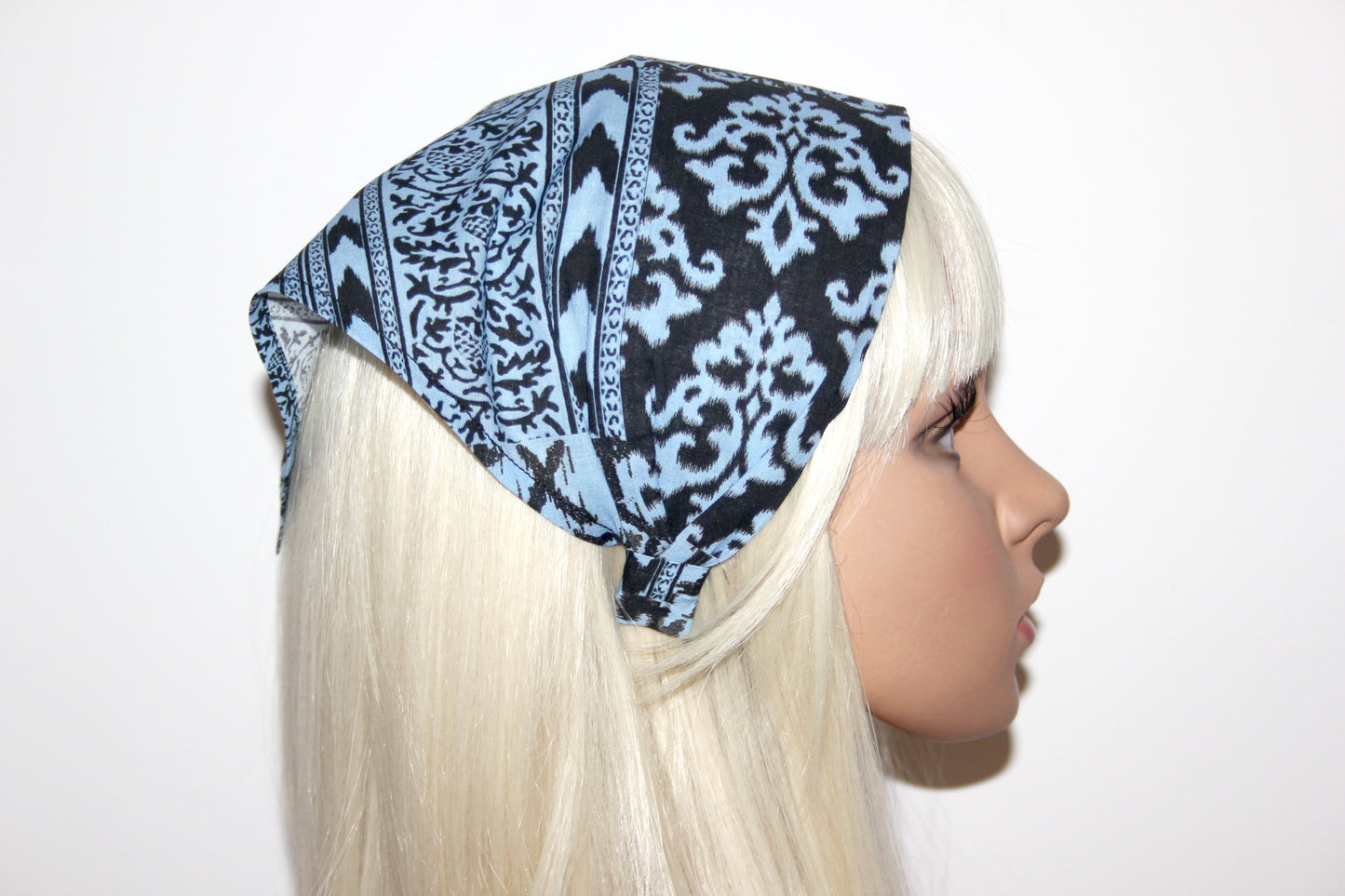 Damask head kerchief Blue & White cotton bandana headband
