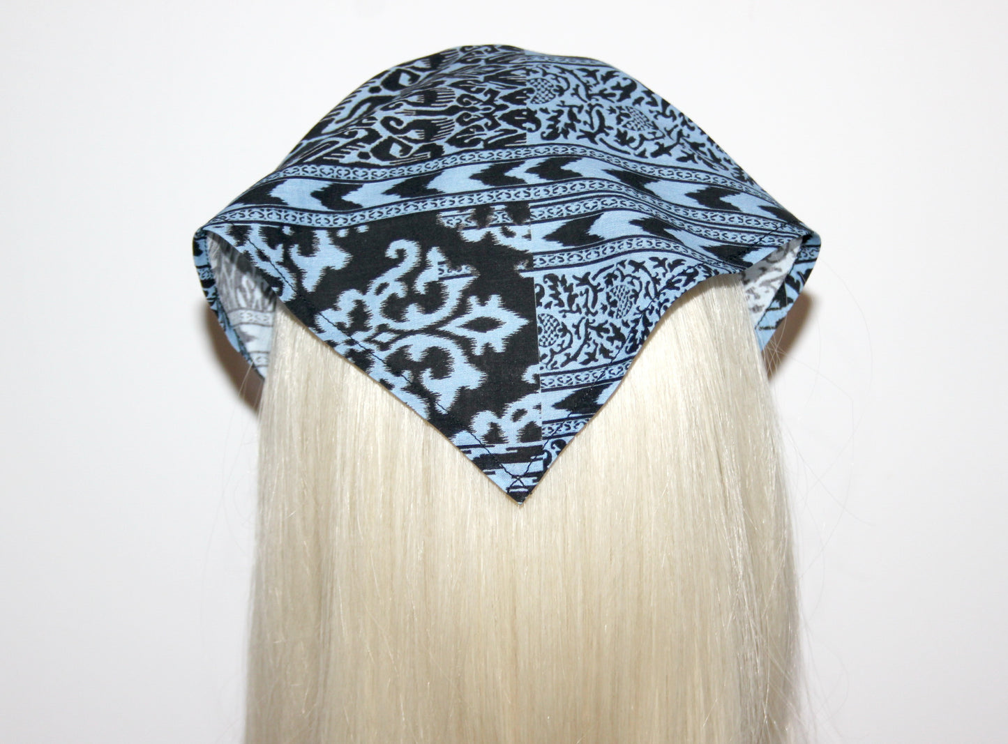 Damask head kerchief Blue & White cotton bandana headband