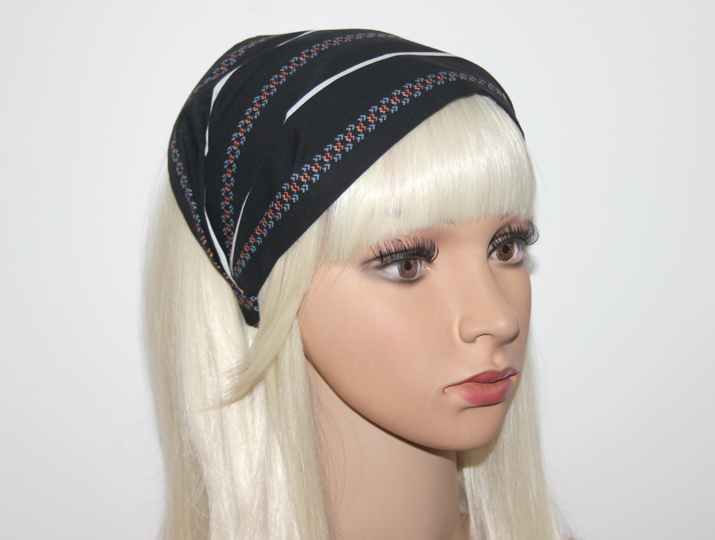 Black headband bandana Stripe & Ethnic print hairband, Wide cotton head cover, structured no slip headband