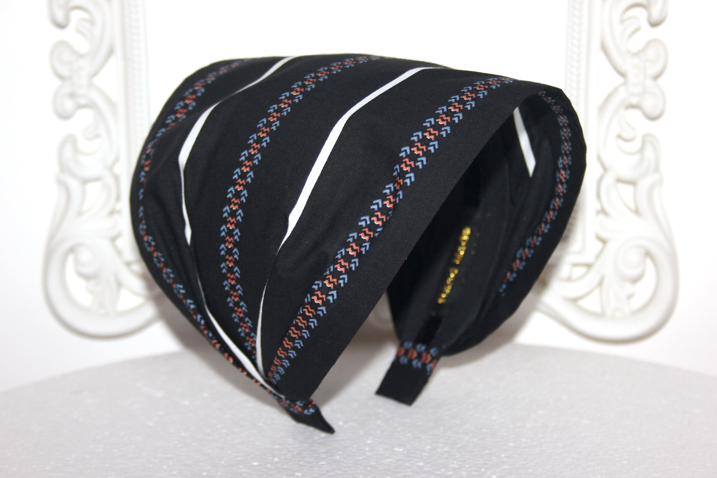 Black headband bandana Stripe & Ethnic print hairband, Wide cotton head cover, structured no slip headband