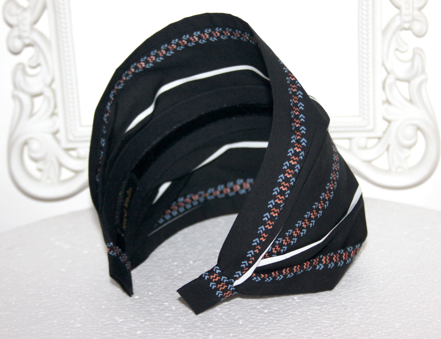 Black headband bandana Stripe & Ethnic print hairband, Wide cotton head cover, structured no slip headband