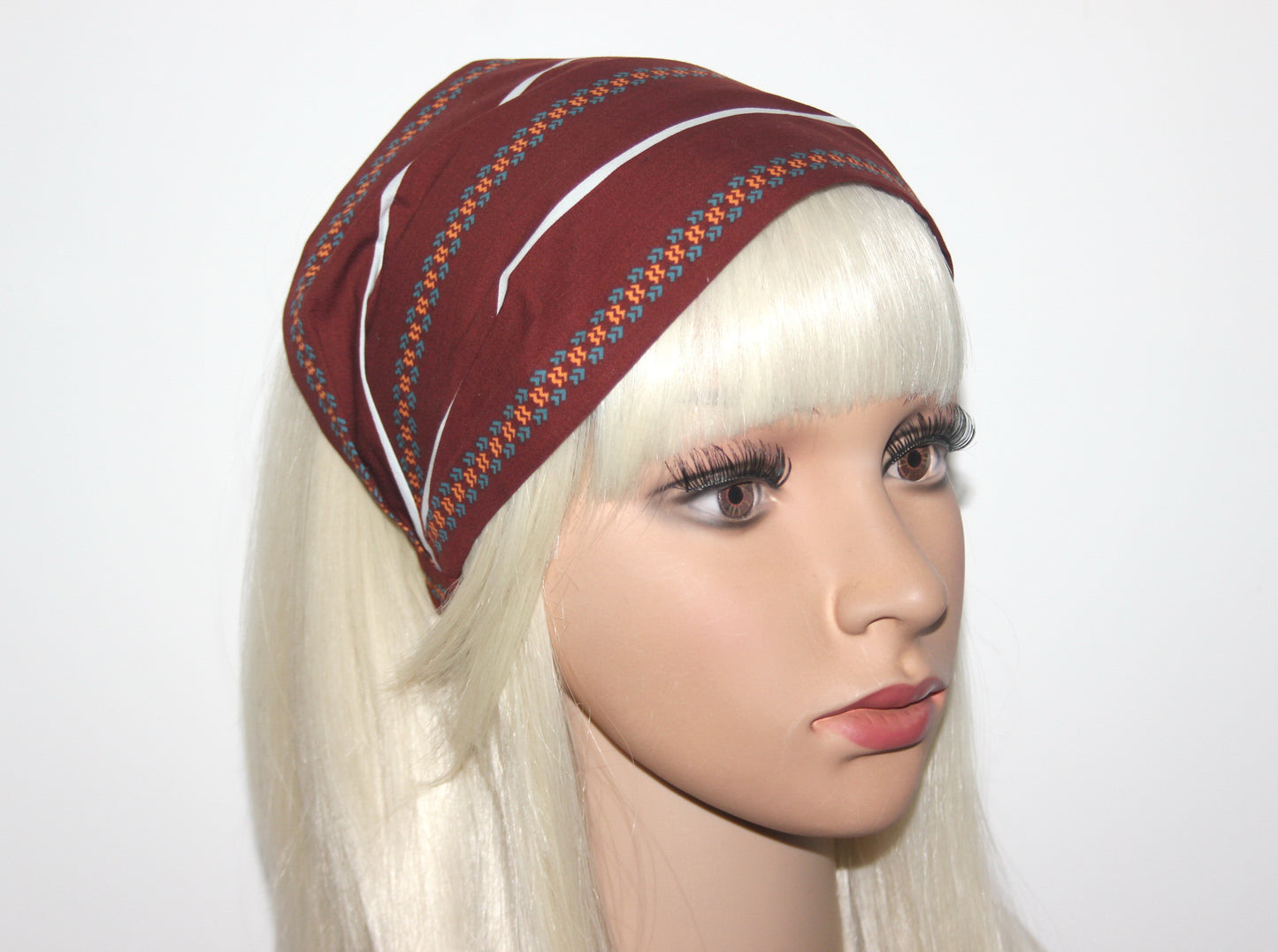 Brown headband bandana Stripe & Ethnic print hairband, Wide cotton head cover