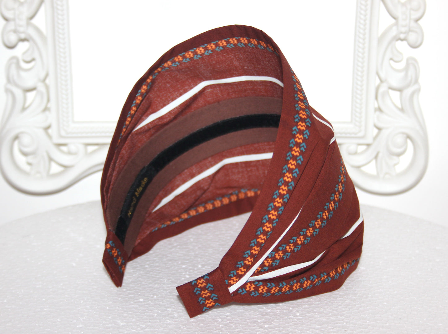 Brown headband bandana Stripe & Ethnic print hairband, Wide cotton head cover