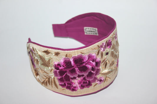 Exquisite wide headband 3.15" inch Embroidered mauve flower head scarf