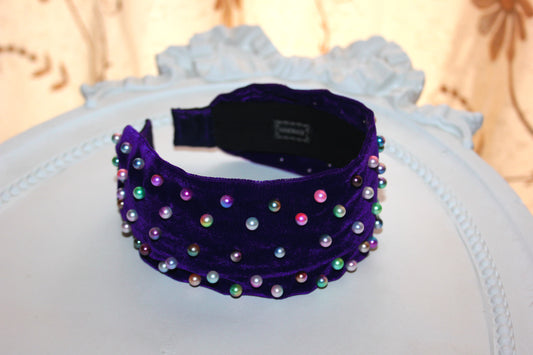 Rainbow pearl headband 2.5" inch purple velvet festival headpiece