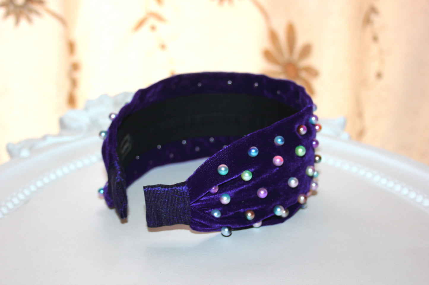Rainbow pearl headband 2.5" inch purple velvet festival headpiece