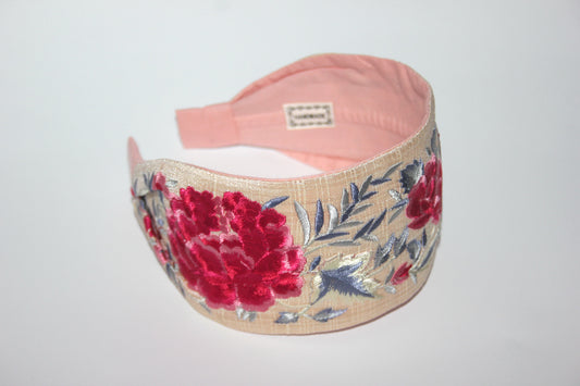 Wide headband 3.15" inch Embroidered Red & Gray flower hairband scarf