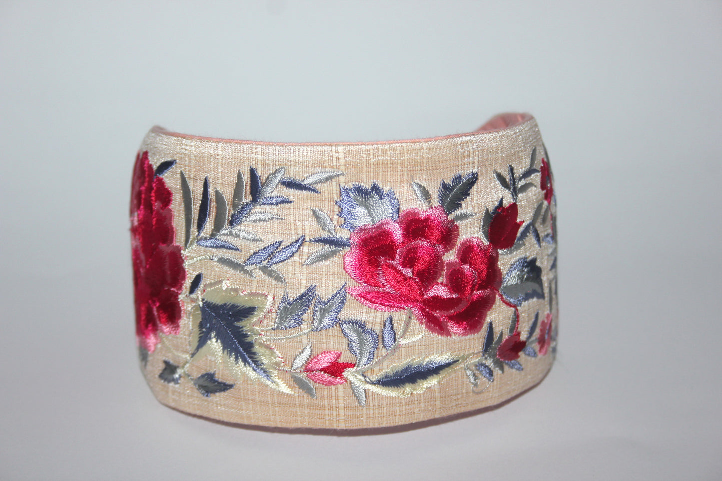 Wide headband 3.15" inch Embroidered Red & Gray flower hairband scarf