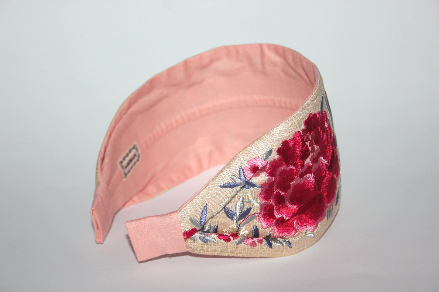 Wide headband 3.15" inch Embroidered Red & Gray flower hairband scarf