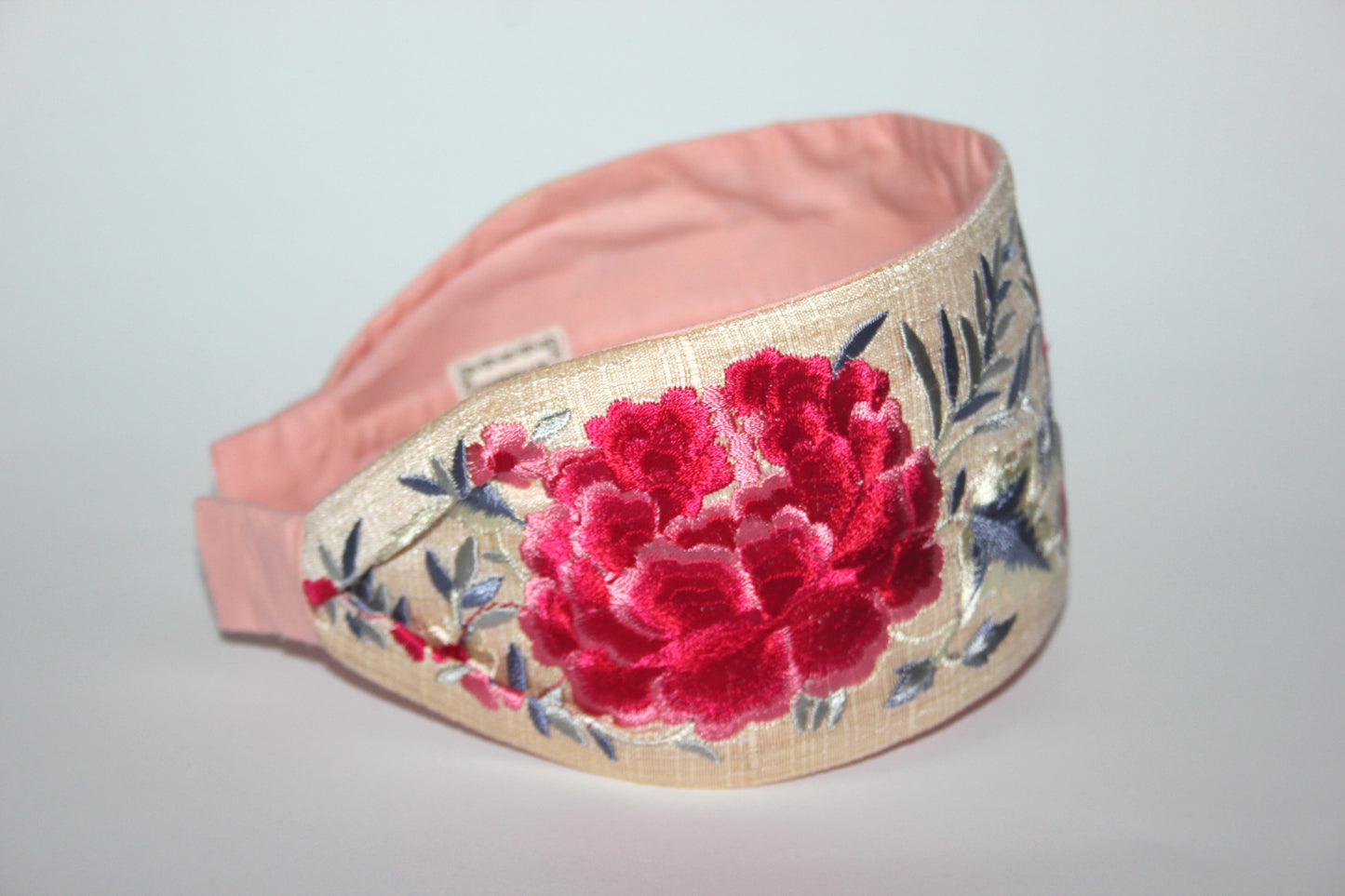 Wide headband 3.15" inch Embroidered Red & Gray flower hairband scarf