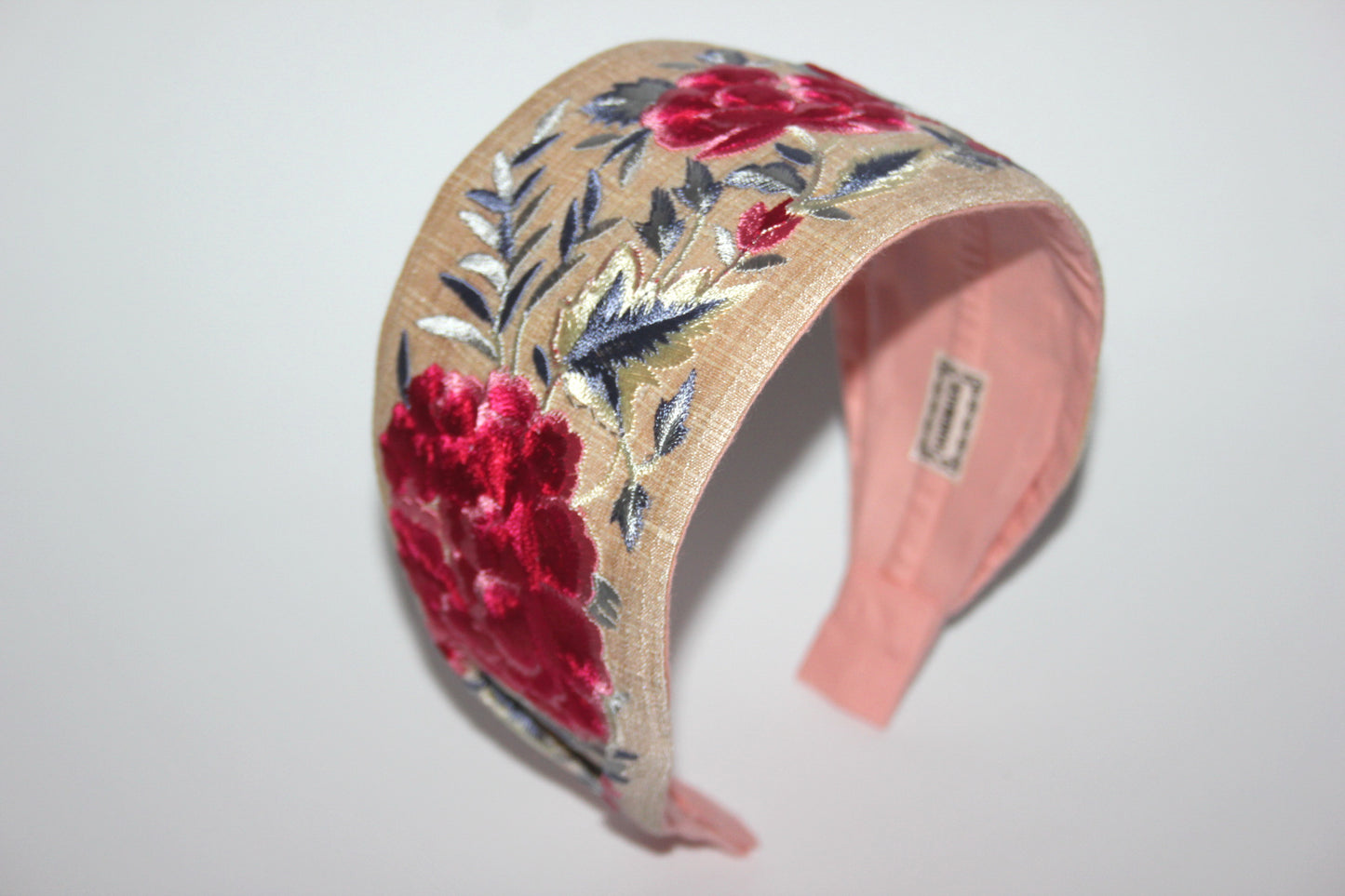 Wide headband 3.15" inch Embroidered Red & Gray flower hairband scarf