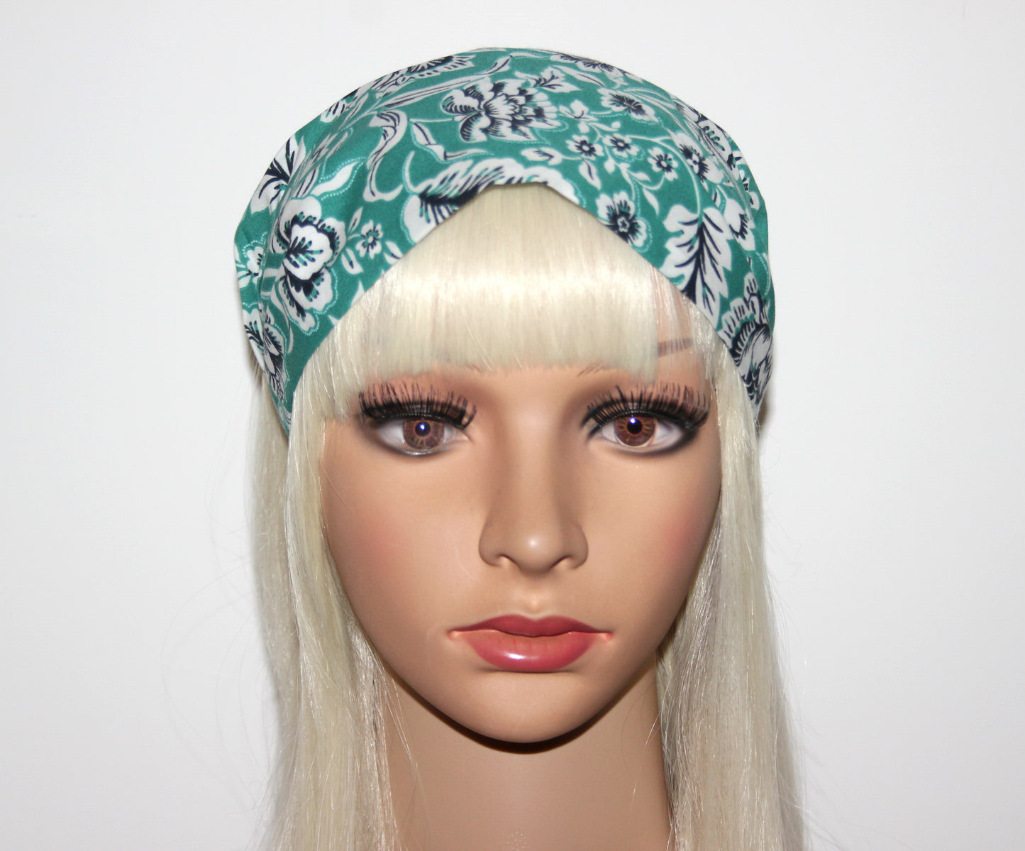 Teal Green bandana headband Floral block print cotton head covering, Structured bandana for women