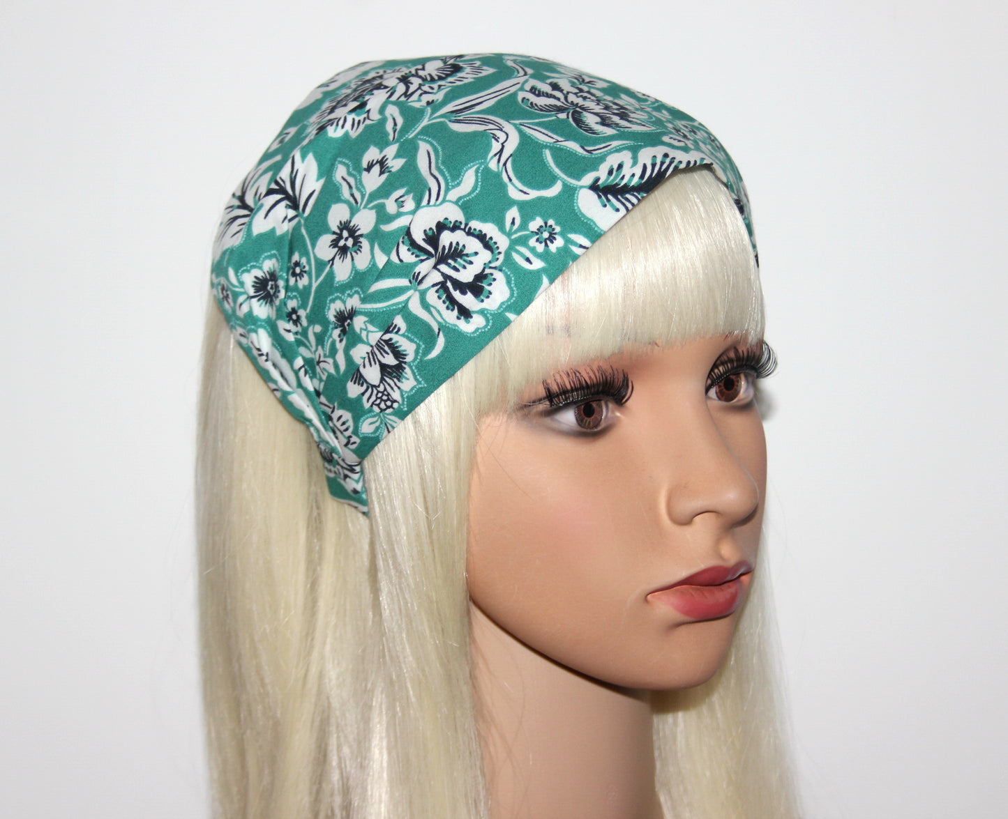 Teal Green bandana headband Floral block print cotton head covering, Structured bandana for women