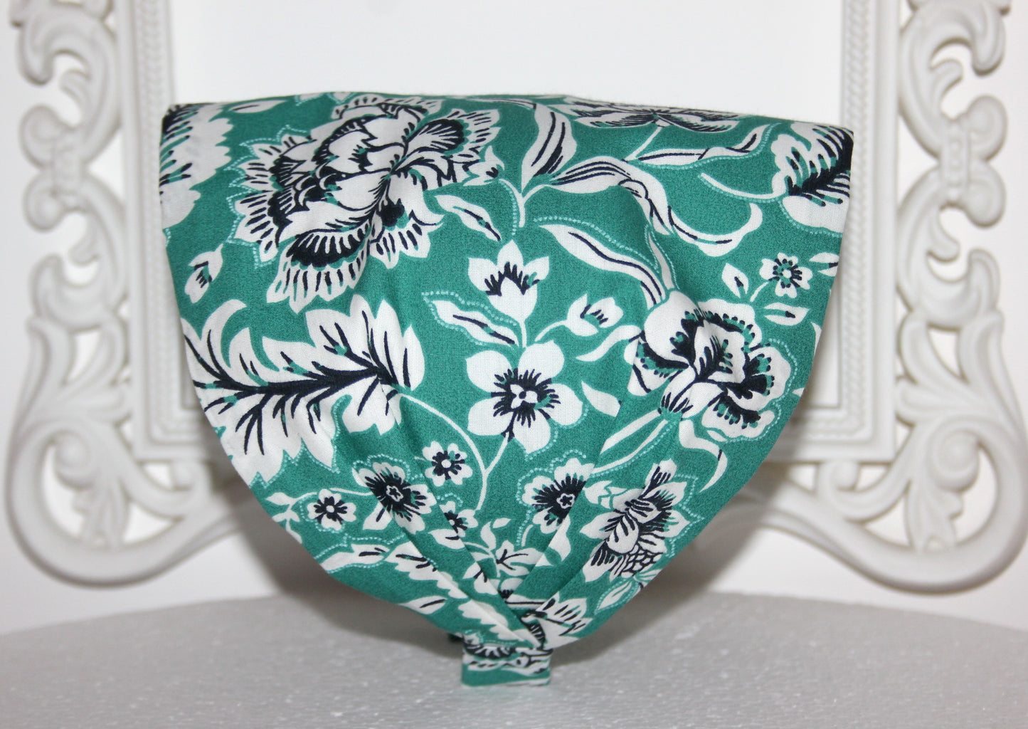 Teal Green bandana headband Floral block print cotton head covering, Structured bandana for women