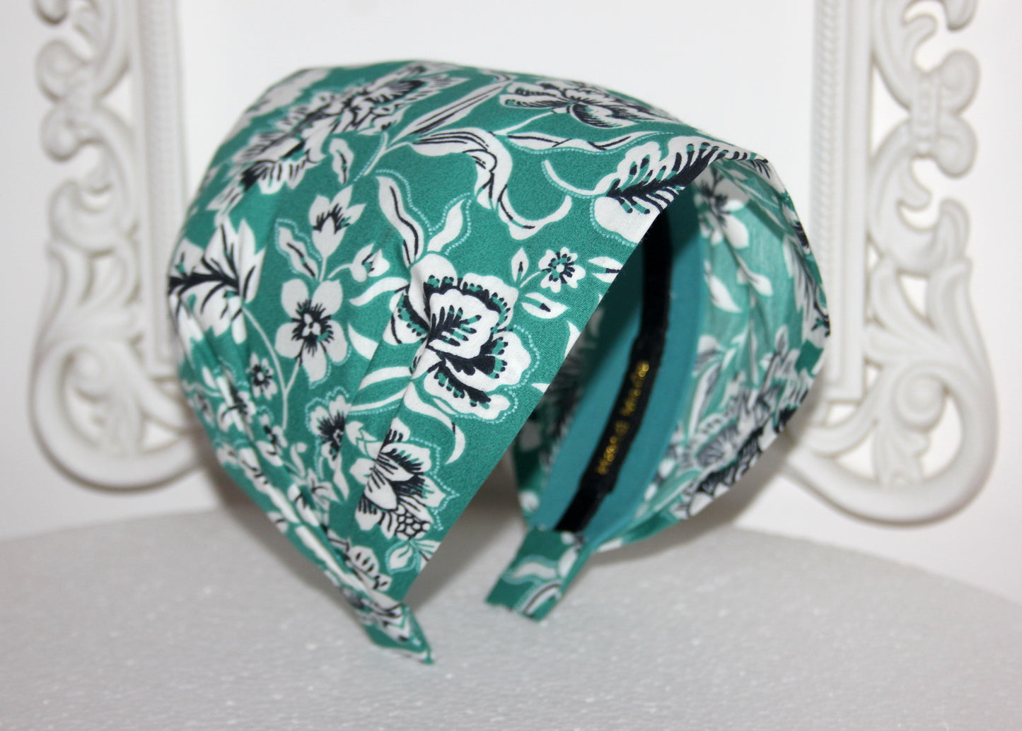 Teal Green bandana headband Floral block print cotton head covering, Structured bandana for women