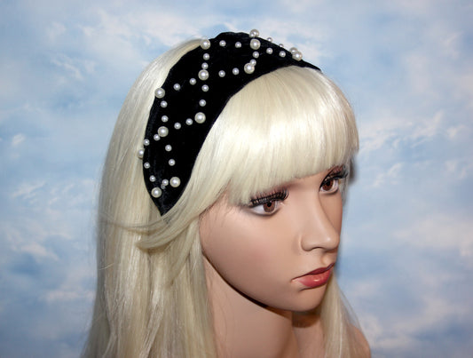 Pearl headband Black velvet festival headpiece 2.35" ivory beaded hairband