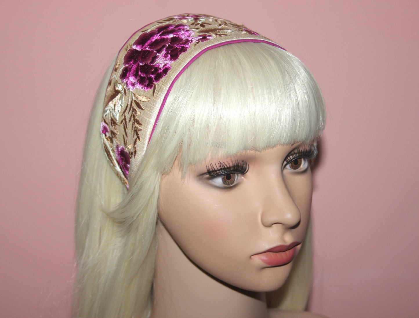 Exquisite wide headband 3.15" inch Embroidered mauve flower head scarf
