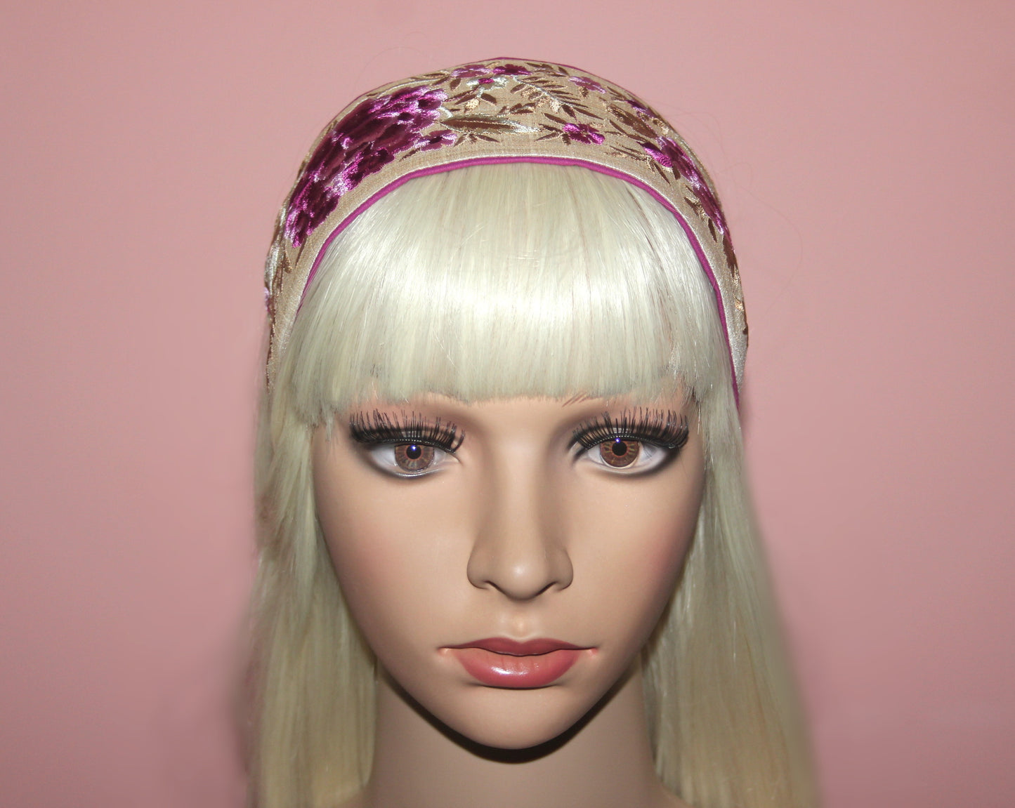 Exquisite wide headband 3.15" inch Embroidered mauve flower head scarf