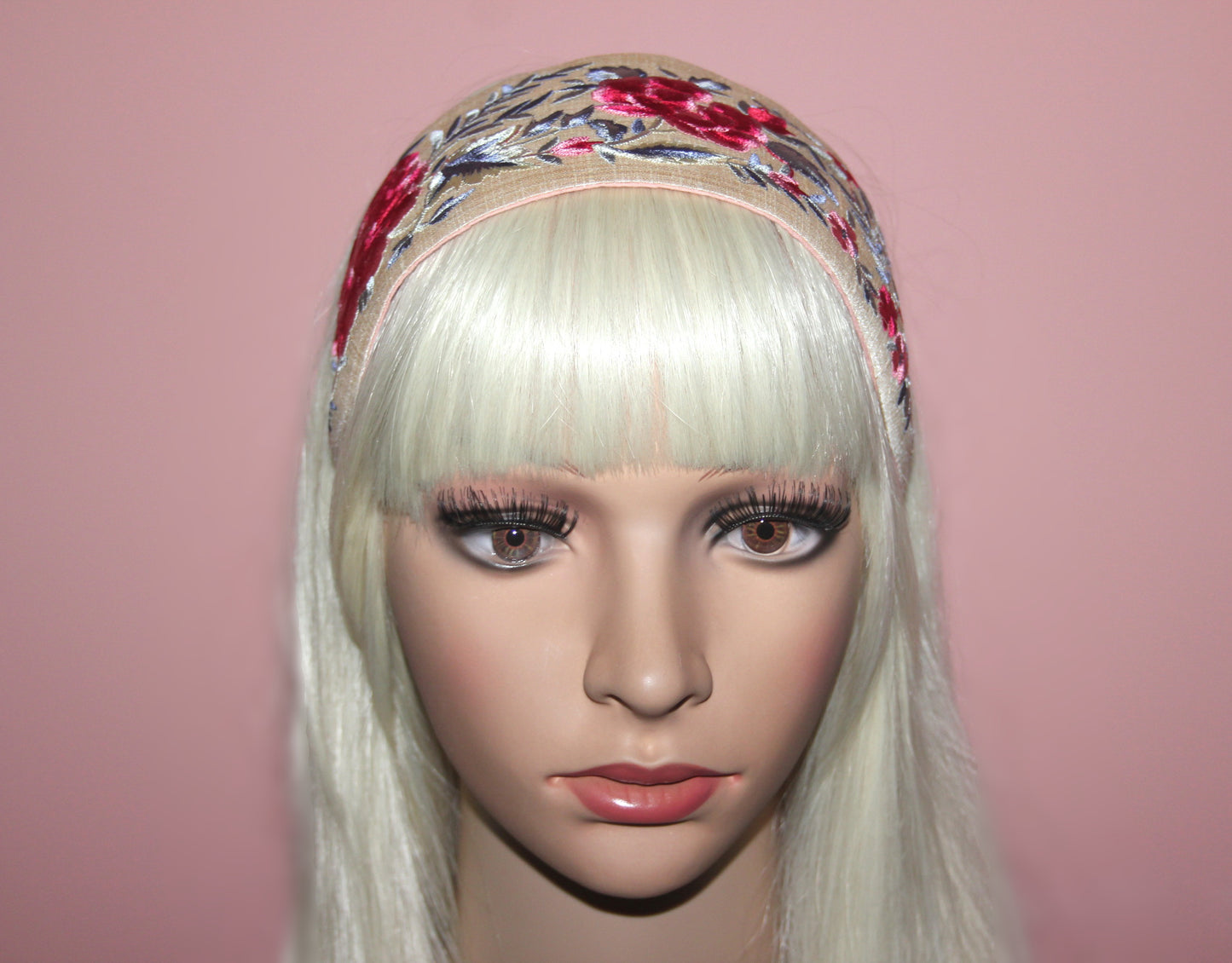 Wide headband 3.15" inch Embroidered Red & Gray flower hairband scarf