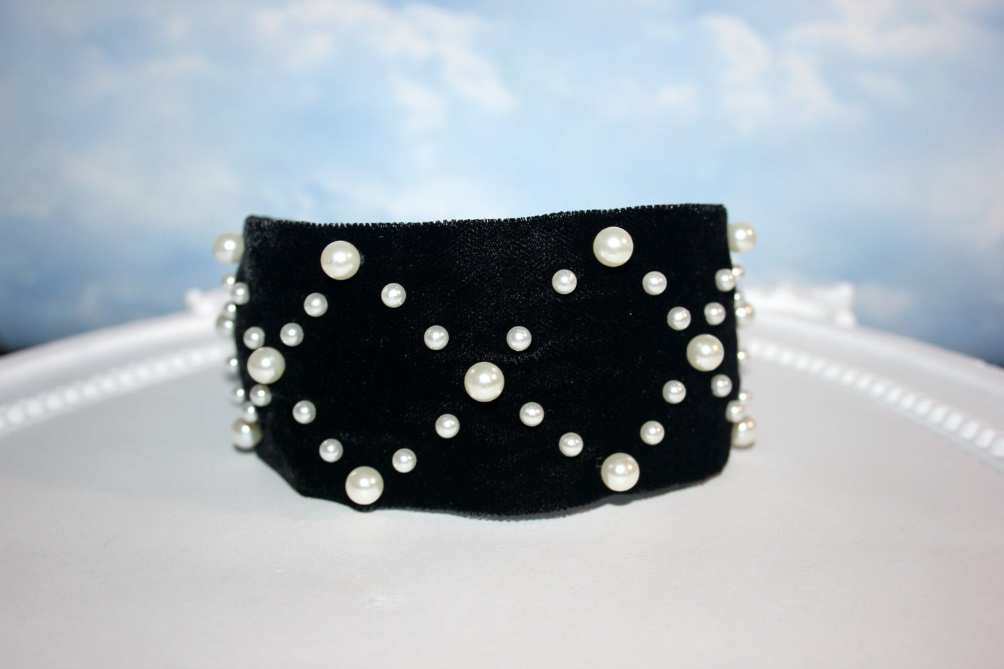 Pearl headband Black velvet festival headpiece 2.35" ivory beaded hairband