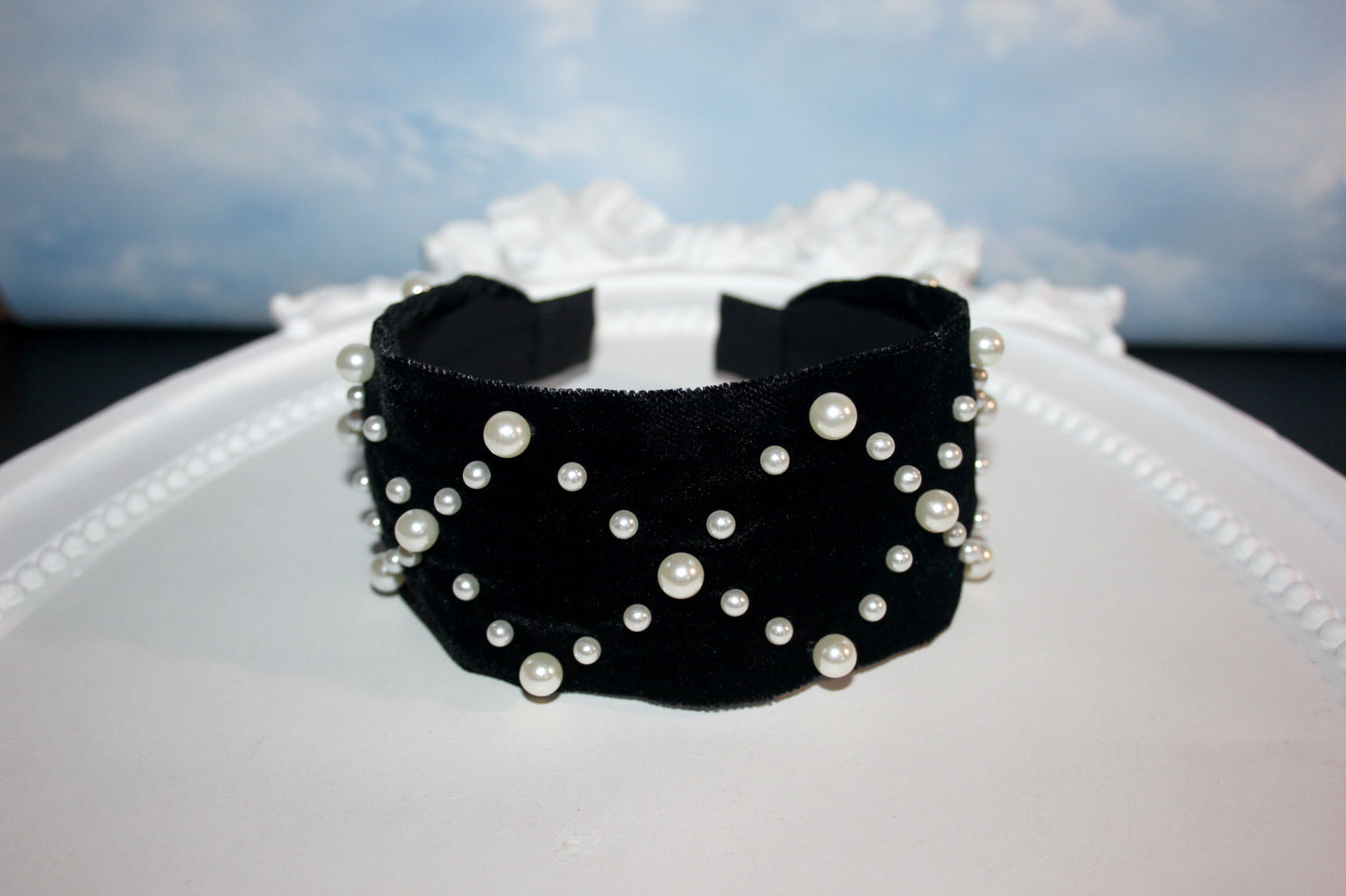 Pearl headband Black velvet festival headpiece 2.35" ivory beaded hairband