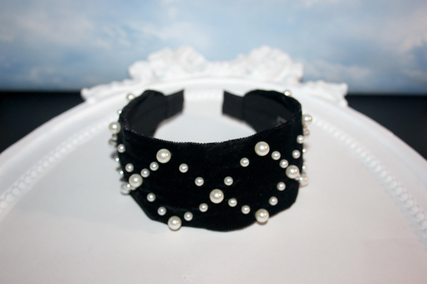 Pearl headband Black velvet festival headpiece 2.35" ivory beaded hairband