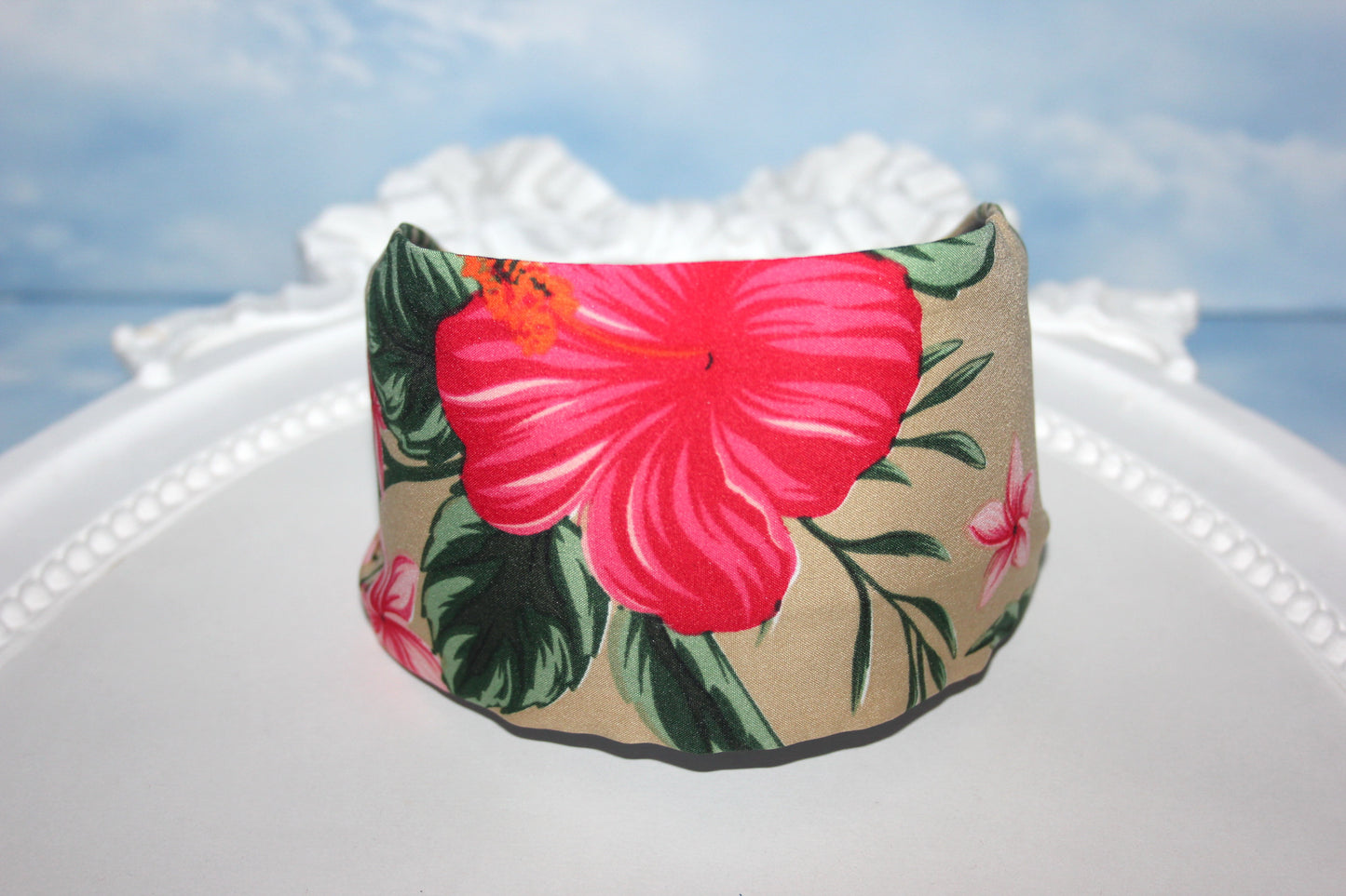 Wide headband Tropical plumeria and hibiscus fabric print hairband scarf