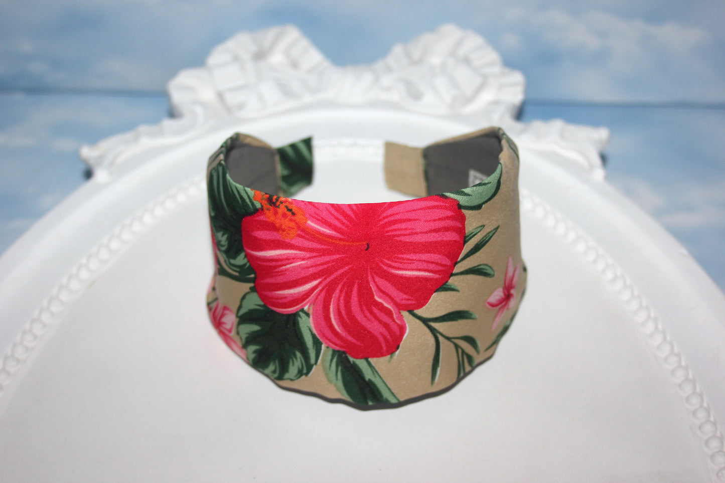 Wide headband Tropical plumeria and hibiscus fabric print hairband scarf