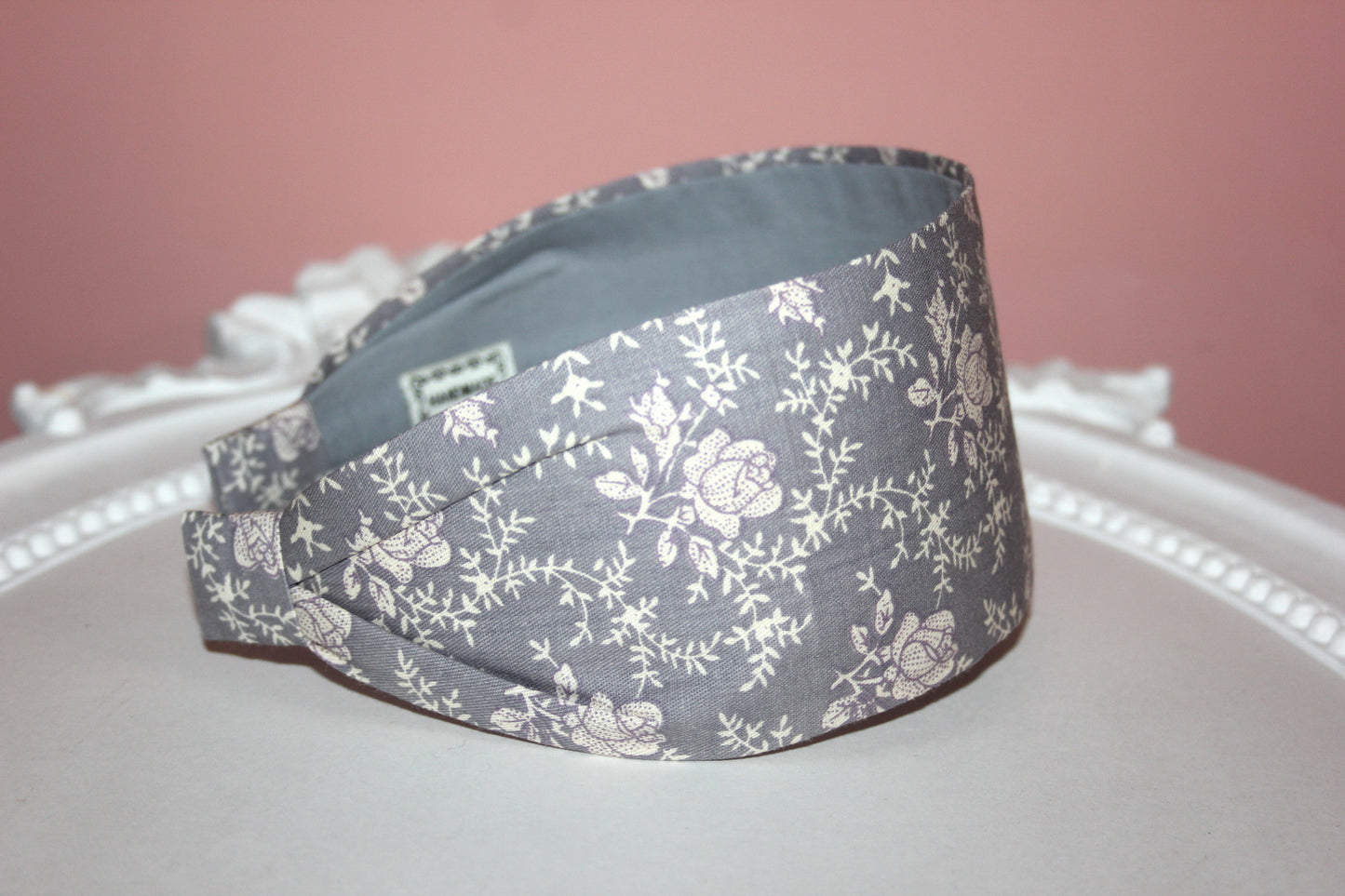 Gray headband for women Blossom extra wide hairband bandana Cotton print head scarf