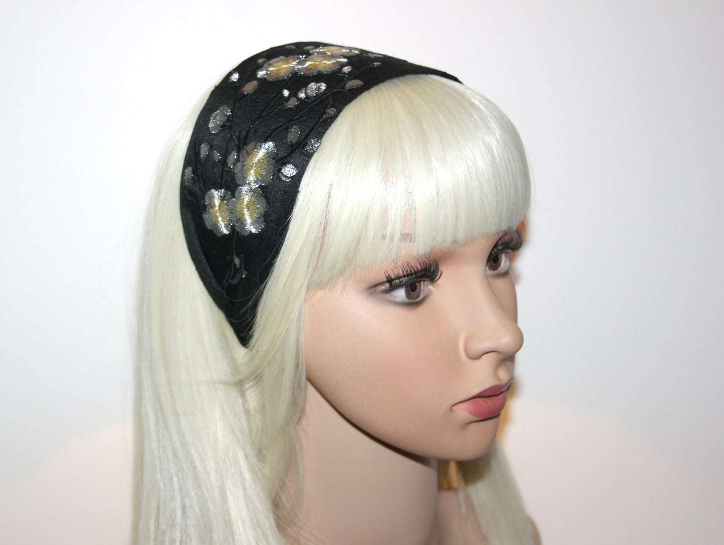 Black silk headband for women Embroidered Silver Gray sakura hairband scarf
