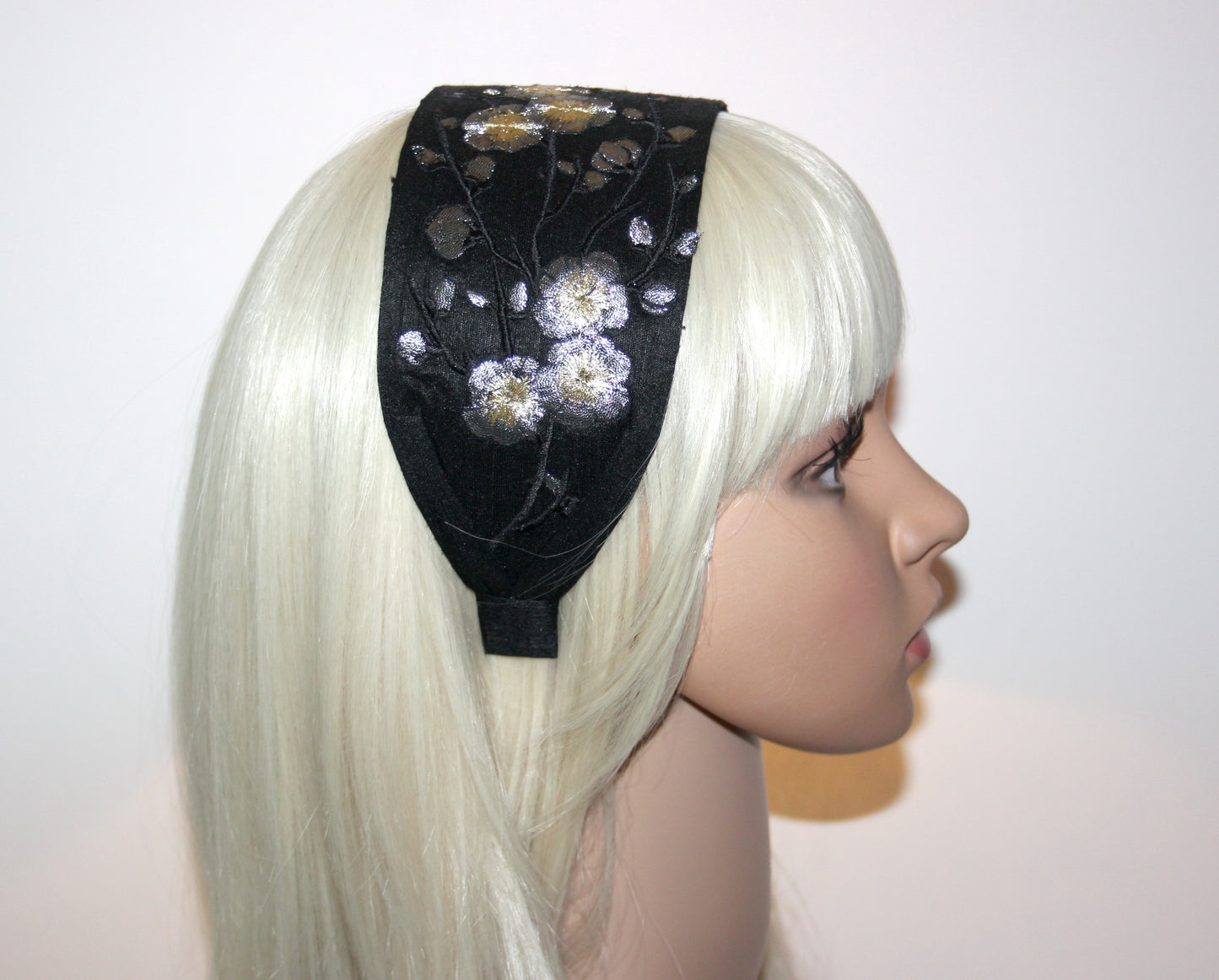 Black silk headband for women Embroidered Silver Gray sakura hairband scarf