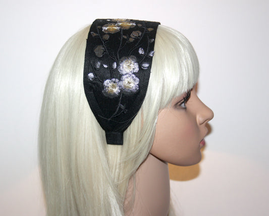 Black silk headband for women Embroidered Silver Gray sakura hairband scarf