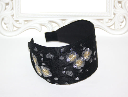 Black silk headband for women Embroidered Silver Gray sakura hairband scarf