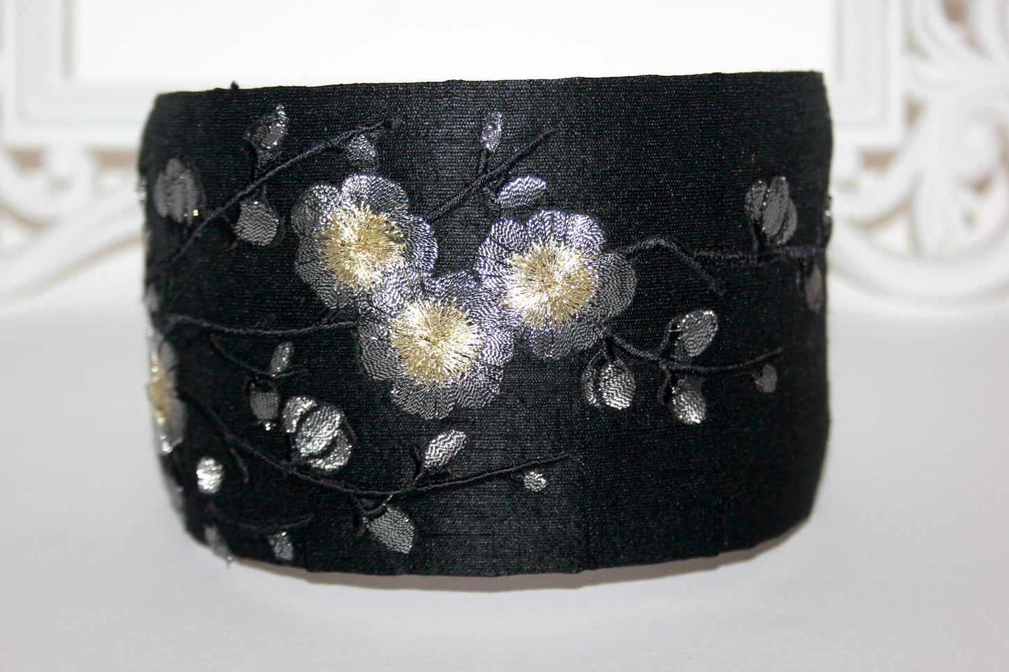Black silk headband for women Embroidered Silver Gray sakura hairband scarf