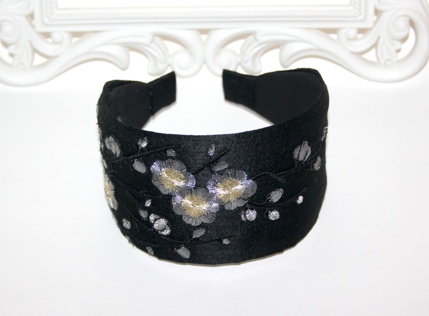 Black silk headband for women Embroidered Silver Gray sakura hairband scarf