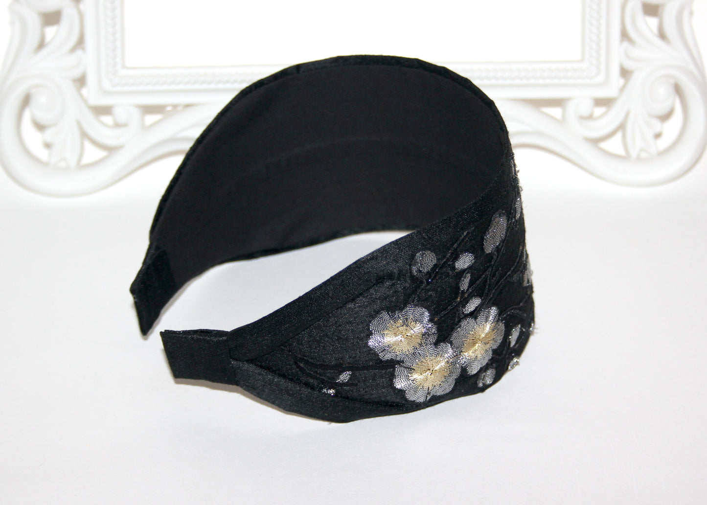 Black silk headband for women Embroidered Silver Gray sakura hairband scarf
