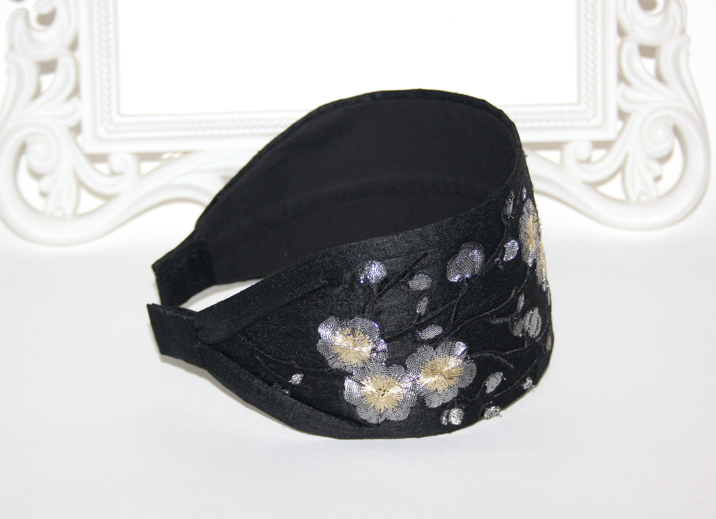 Black silk headband for women Embroidered Silver Gray sakura hairband scarf