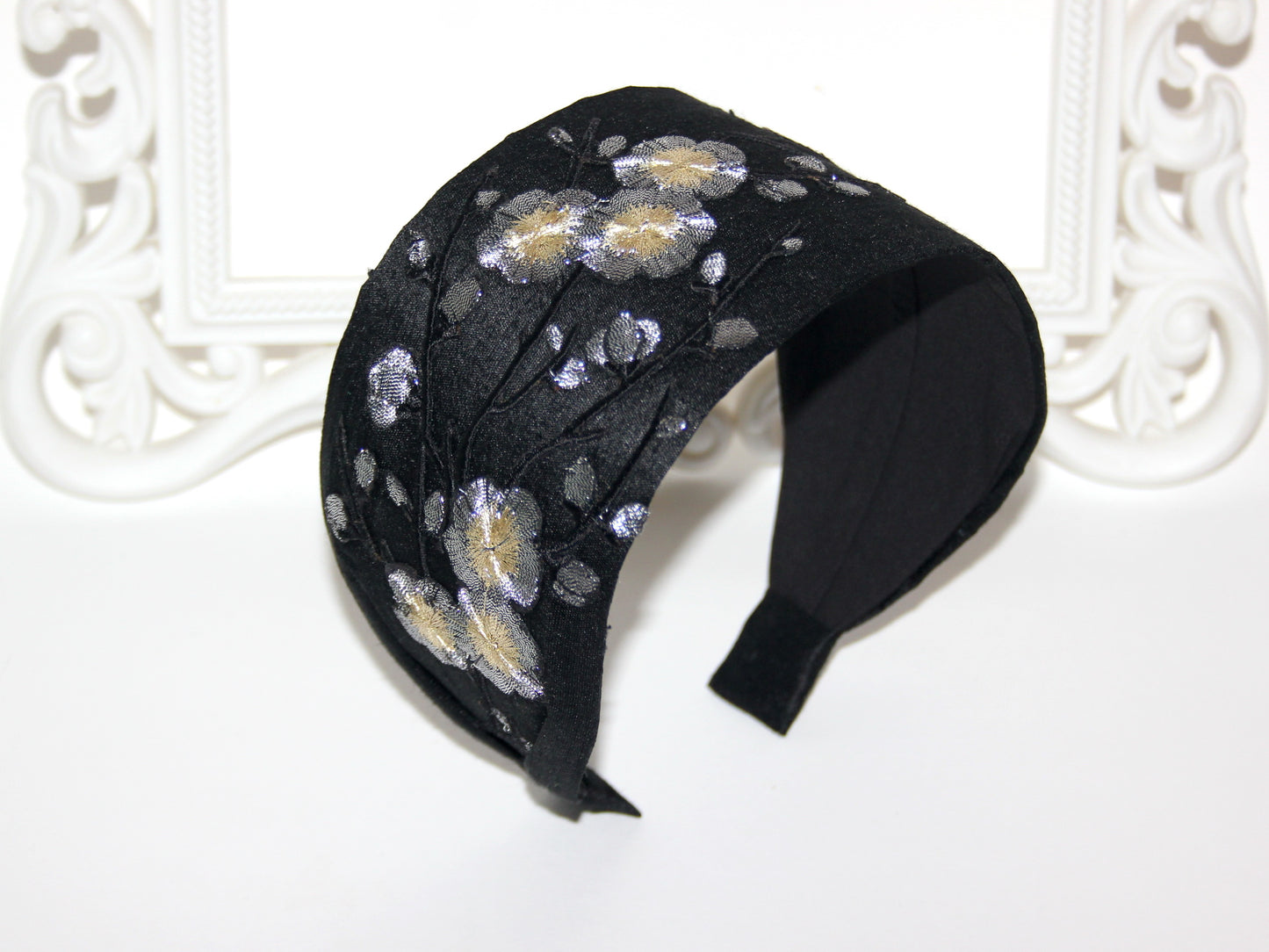 Black silk headband for women Embroidered Silver Gray sakura hairband scarf